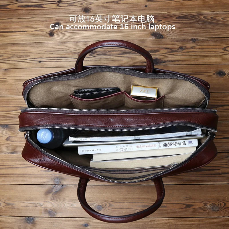 Vintage Genuine Leather Briefcase for Men - Large Capacity Cowhide Crossbody Computer Bag