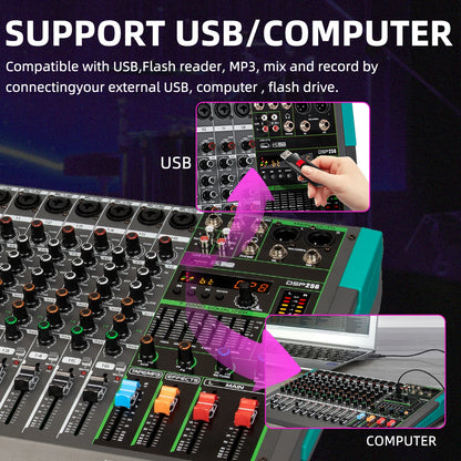 16-Channel USB Audio Mixer for DJs & Musicians with 48V Phantom Power and 256 DSP Effects - Depusheng MG16
