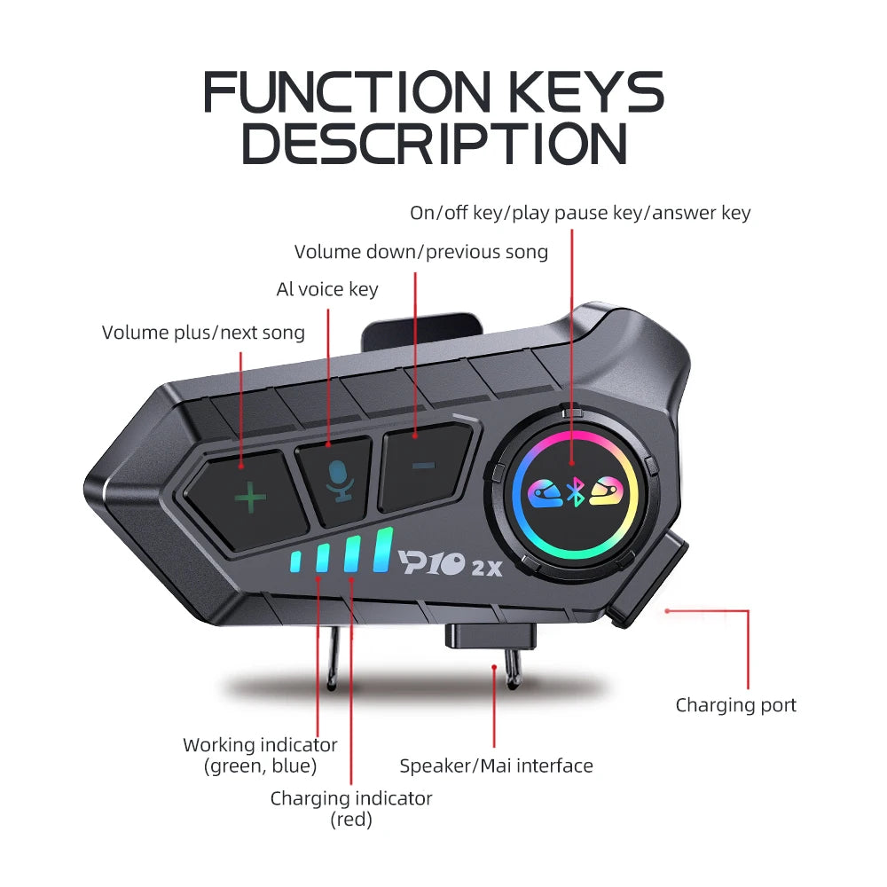 KEBIDUMEI 1/2x Motorcycle Intercom Headset for 2 Riders - BT 5.3, 300M Waterproof, Music Sharing, Helmet Communication