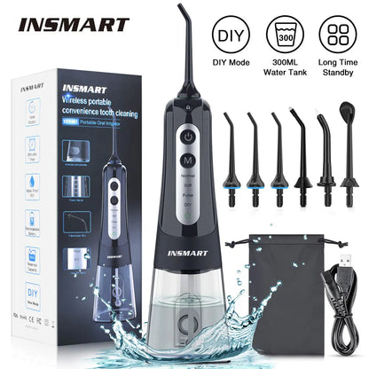 INSMART Portable Oral Irrigator - Waterproof Dental Water Flosser for Teeth Whitening & Cleaning, 300ML Water Tank