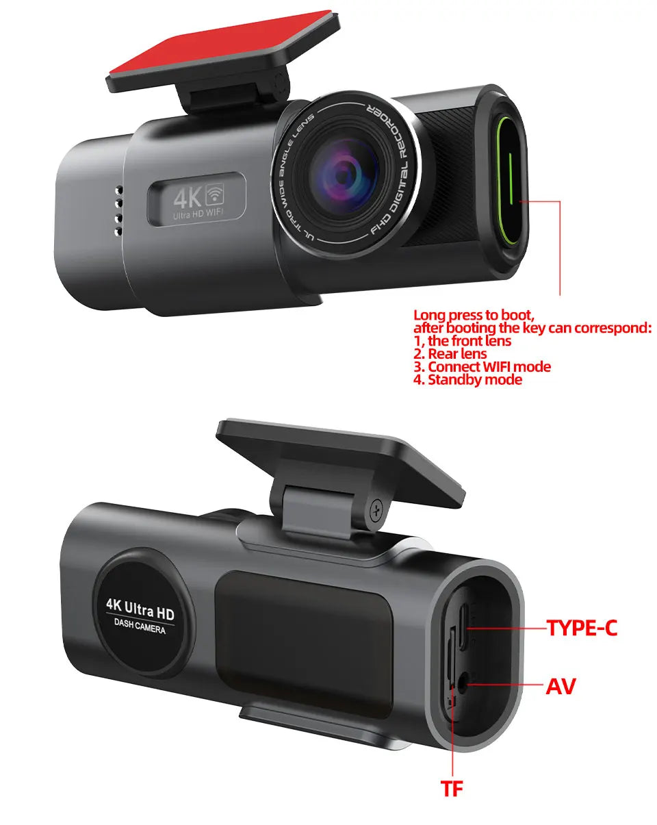 4K UHD Dash Cam with Night Vision & GPS - Car Camera for Safe Driving & 24/7 Parking Surveillance