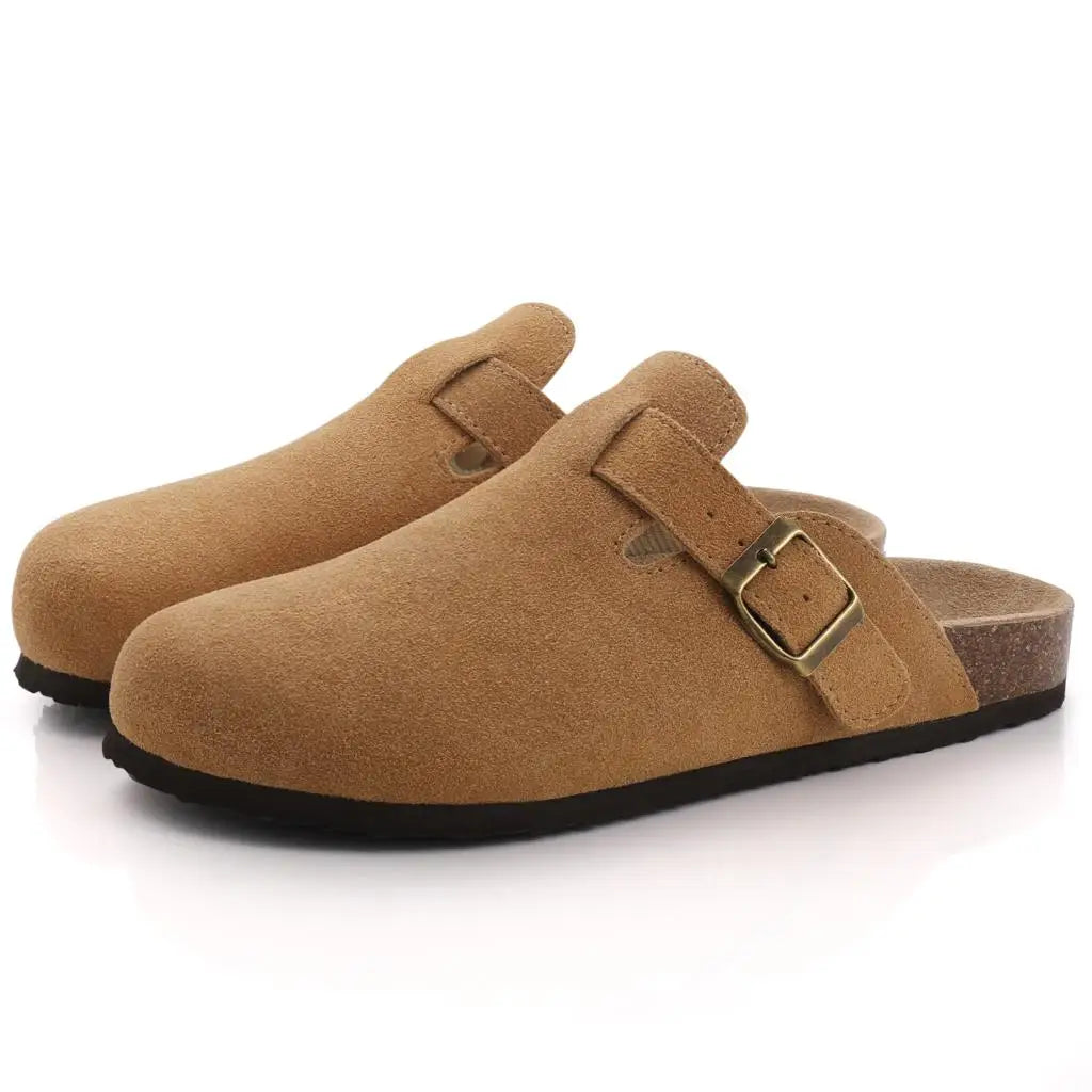 Comwarm Women's Suede Mules Slippers - Arch Support Clogs with Cork Insole for Beach, Outdoor, & Home Use