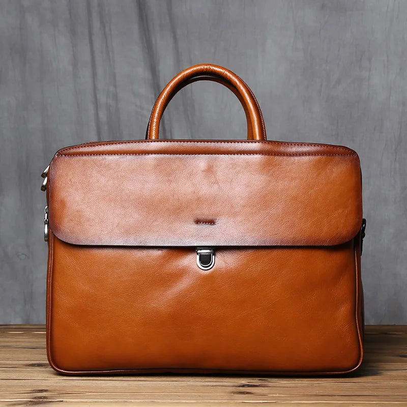 Vintage Genuine Leather Briefcase for Men - Large Capacity Cowhide Crossbody Computer Bag