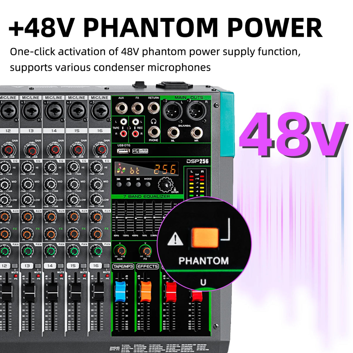 16-Channel USB Audio Mixer for DJs & Musicians with 48V Phantom Power and 256 DSP Effects - Depusheng MG16