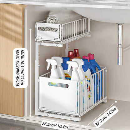 Pull-Out Under Sink Organizer for Kitchen & Bathroom - 2-Tier Adjustable Sliding Shelf in Black & White