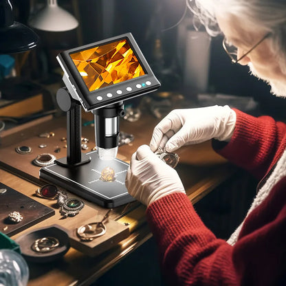 RIEVBCAU 4.3" Digital Microscope for Adults - 1000X Magnification, 1080P Video, 8 LEDs, Ideal for Soldering & Coin Inspection