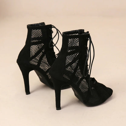 Sexy Black Mesh High Heels for Women – Summer Cross-tied Peep Toe Sandals with Ankle Strap for Dance & Parties