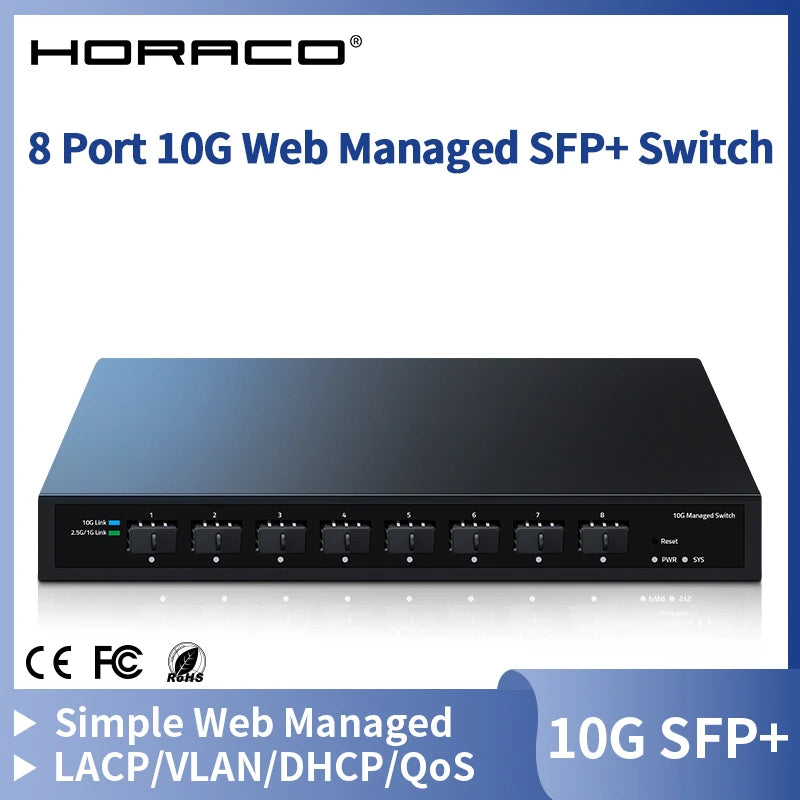 HORACO 10Gb SFP+ Ethernet Switch for Home Labs - 8 Port, 10000Mbps, Web Managed, LACP, DHCP, VLAN