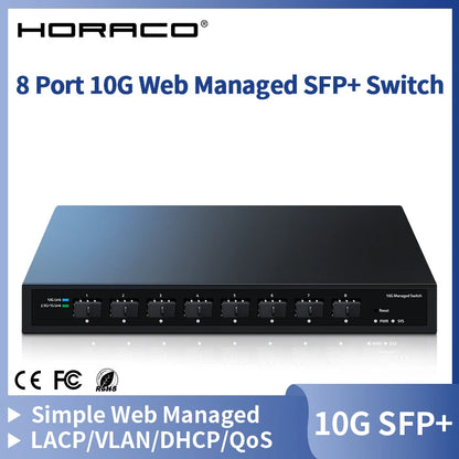 HORACO 10Gb SFP+ Ethernet Switch for Home Labs - 8 Port, 10000Mbps, Web Managed, LACP, DHCP, VLAN