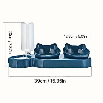 3-in-1 Tilted Cat Food and Water Bowl Set with Gravity Feeder for Neck Protection