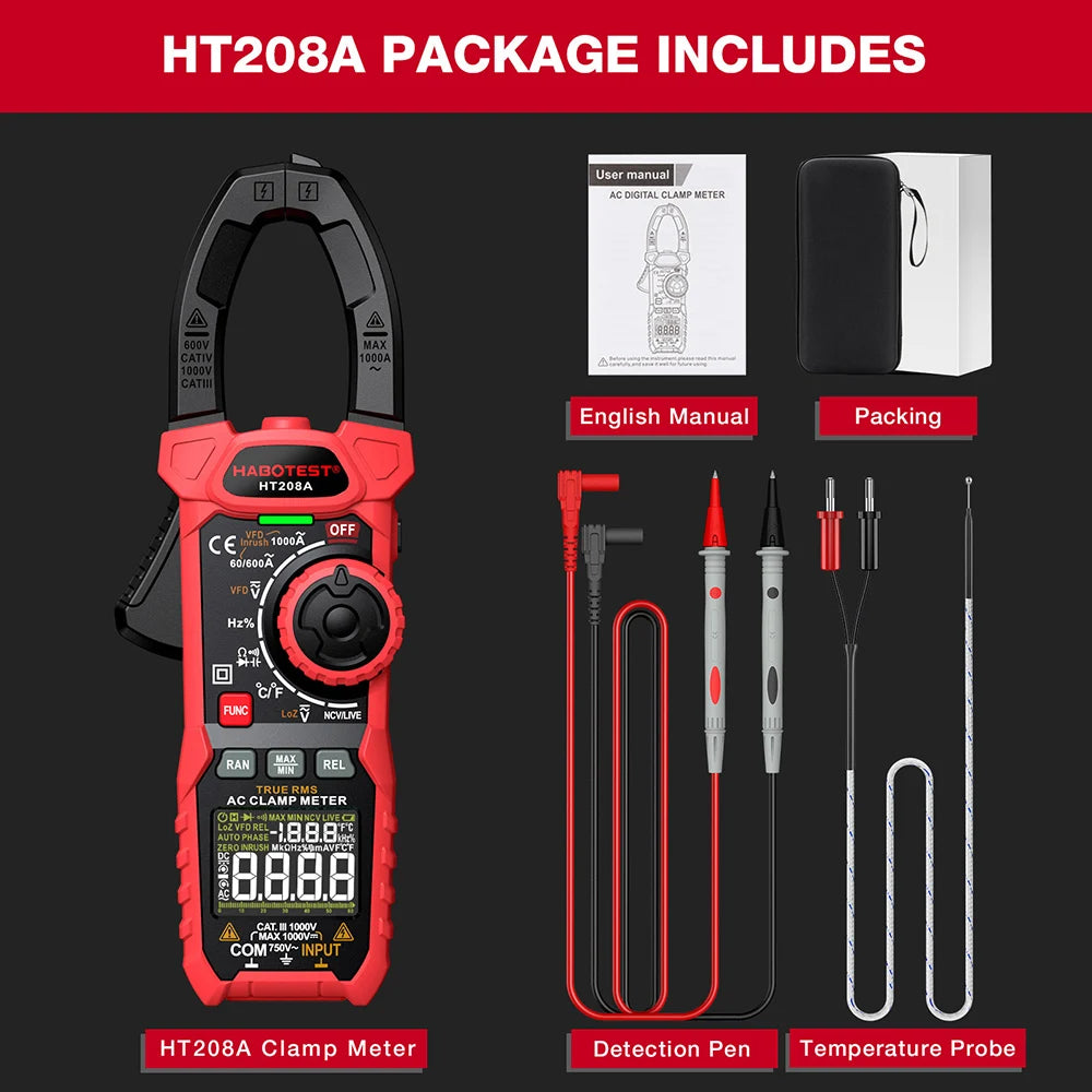 HABOTEST HT208 True RMS Digital Clamp Meter for Electricians - 1000A 1000V AC/DC, Capacitance, Temperature, Ohm & Hz Testing