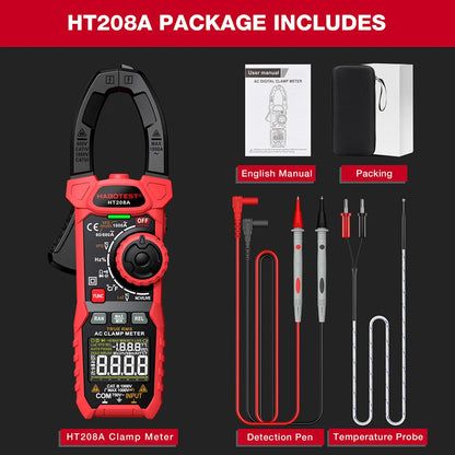 HABOTEST HT208 True RMS Digital Clamp Meter for Electricians - 1000A 1000V AC/DC, Capacitance, Temperature, Ohm & Hz Testing