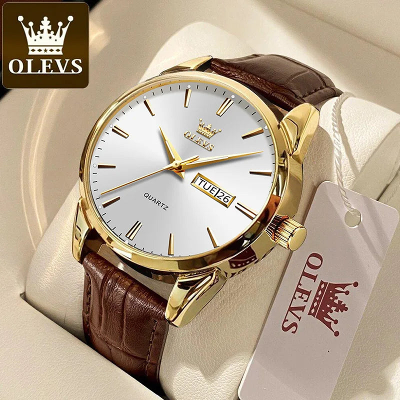 OLEVS Men's Waterproof Quartz Watch - Luxury Casual Fashion Wristwatch with Breathable Leather and Luminous Features