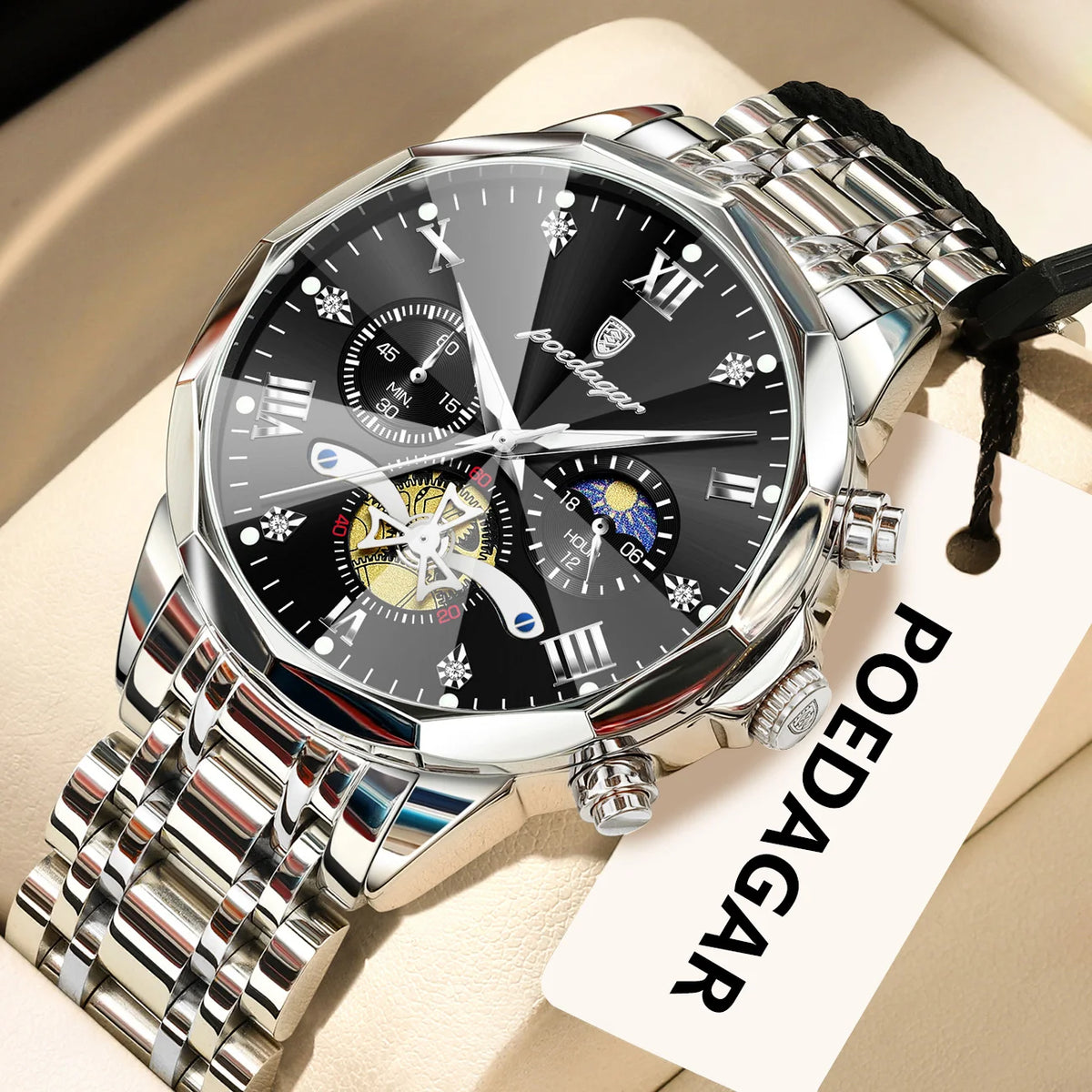 Luxury Men's Waterproof Chronograph Watch - POEDAGAR Stainless Steel Luminous Quartz Wristwatch for Confident Men