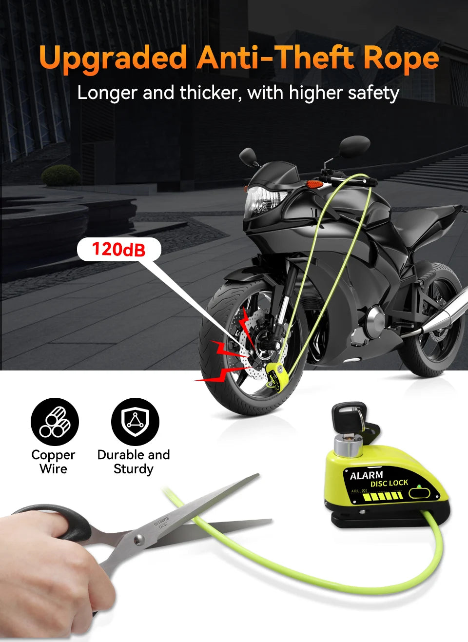 Extractme Motorcycle Alarm Disc Brake Lock - 120dB Anti-Theft Security for Bikes, Scooters & Motorcycles