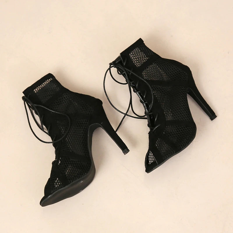 Sexy Black Mesh High Heels for Women – Summer Cross-tied Peep Toe Sandals with Ankle Strap for Dance & Parties