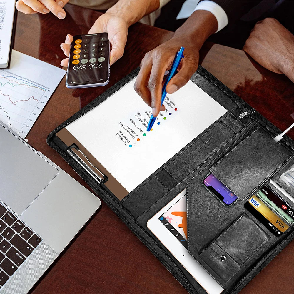 Multifunctional A4 Leather Conference Folder for Professionals - Travel Document & Contract Organizer