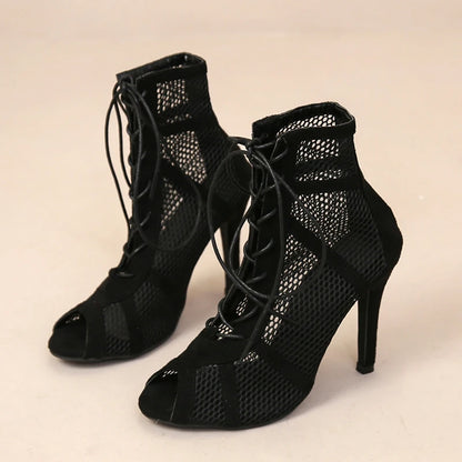 Sexy Black Mesh High Heels for Women – Summer Cross-tied Peep Toe Sandals with Ankle Strap for Dance & Parties