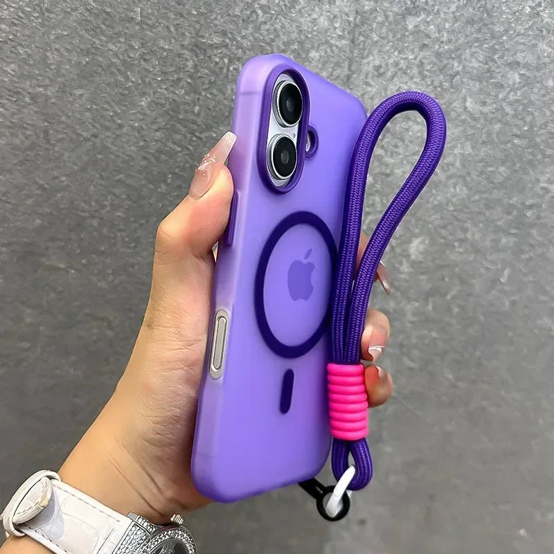 MagSafe Candy Color Contrast Lanyard Case for iPhone 11, 12, 13, 14, 15, 16, 17 Pro Max - Soft Matte Hand Wrist Strap