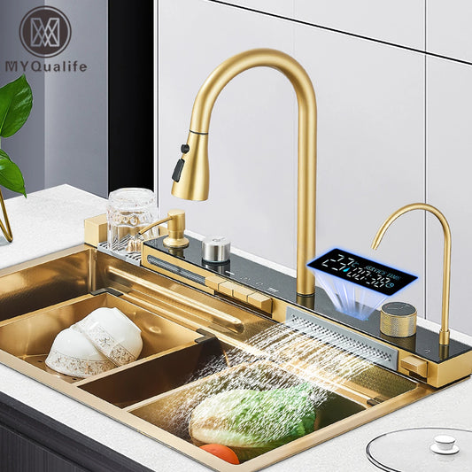 Golden Smart Digital Kitchen Sink Set with Water Purifier, Temperature Control, Soap Dispenser, and Cup Washer
