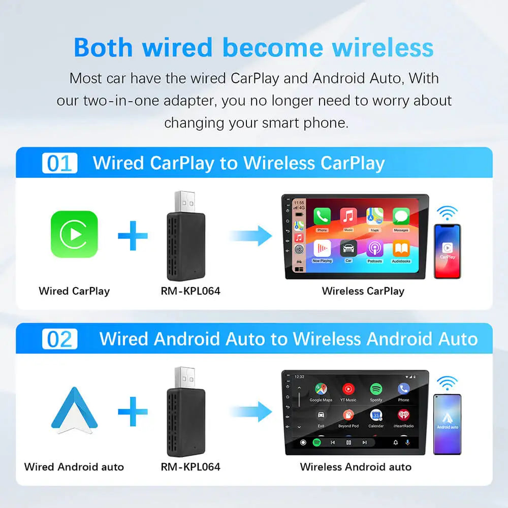2-in-1 CarPlay & Android Auto Adapter for OEM Car Stereos - Wired & Wireless USB Plug and Play