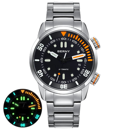 BERNY Men's 20Bar Diver Mechanical Watch - Miyota 8215, Luminous Sapphire, Automatic Silicone Wristwatch for Swimming