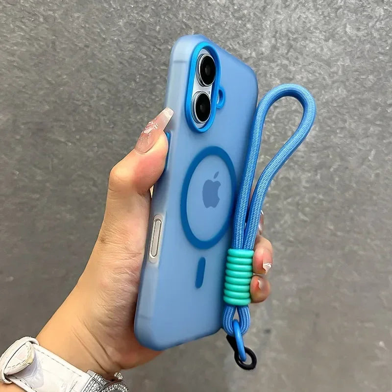MagSafe Candy Color Contrast Lanyard Case for iPhone 11, 12, 13, 14, 15, 16, 17 Pro Max - Soft Matte Hand Wrist Strap