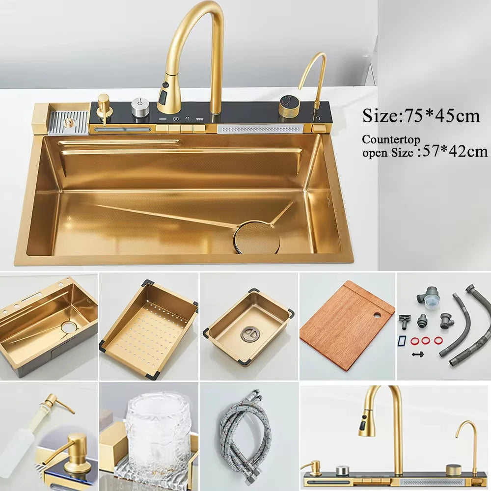Golden Smart Digital Kitchen Sink Set with Water Purifier, Temperature Control, Soap Dispenser, and Cup Washer