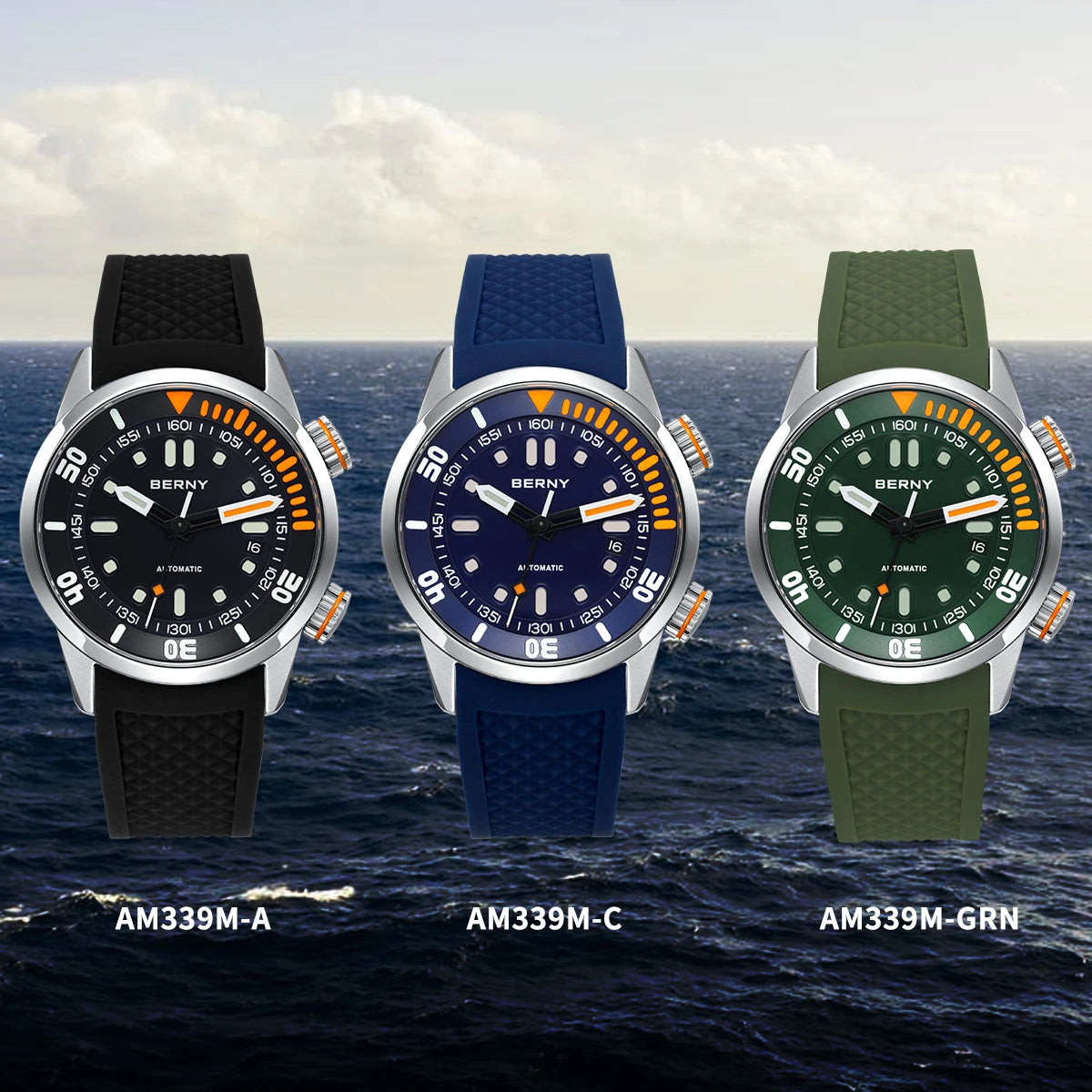 BERNY Men's 20Bar Diver Mechanical Watch - Miyota 8215, Luminous Sapphire, Automatic Silicone Wristwatch for Swimming