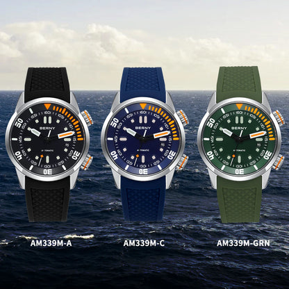 BERNY Men's 20Bar Diver Mechanical Watch - Miyota 8215, Luminous Sapphire, Automatic Silicone Wristwatch for Swimming