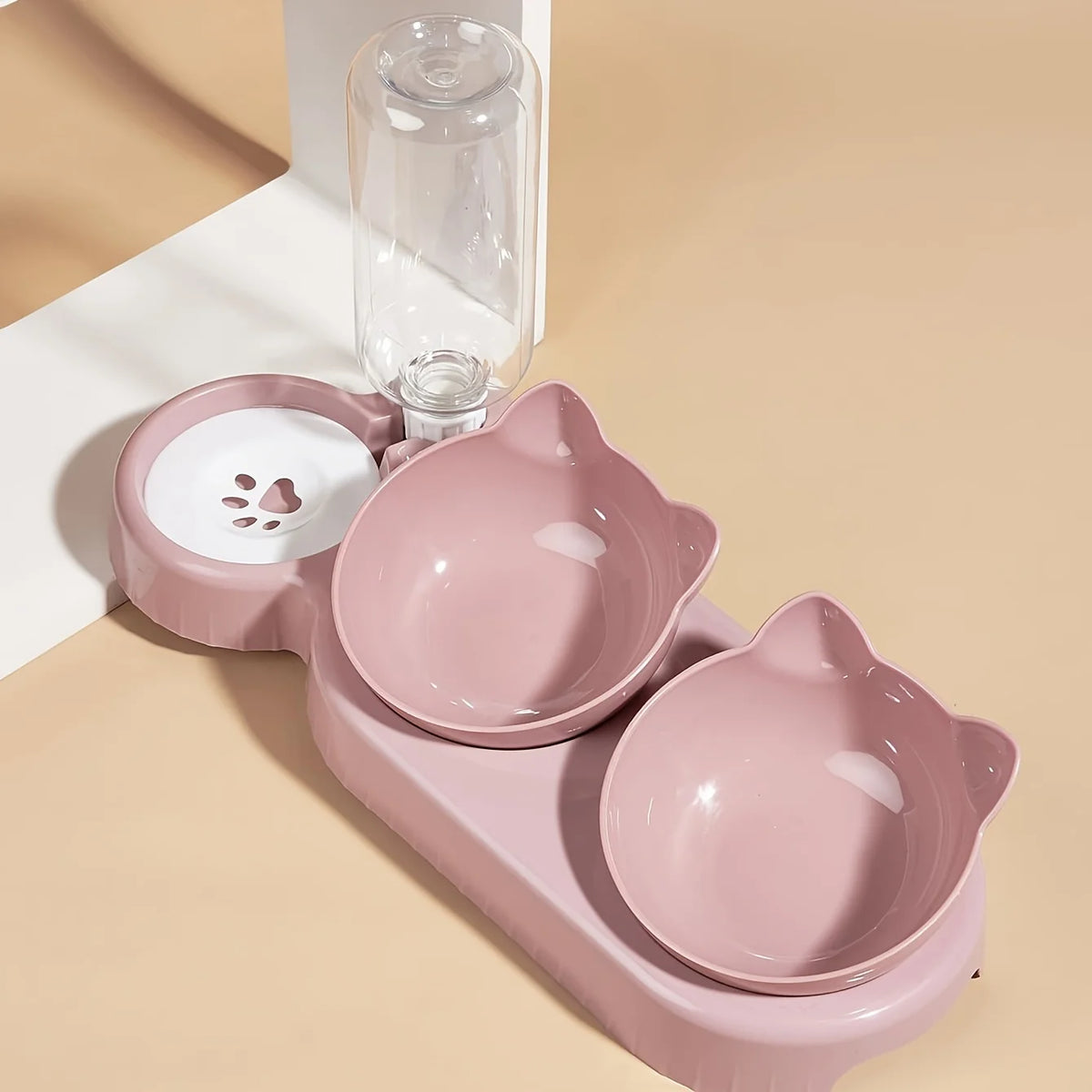 3-in-1 Tilted Cat Food and Water Bowl Set with Gravity Feeder for Neck Protection