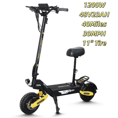 EOEOTWO 1200W Off-Road Electric Scooter for Adults - 30MPH, 48V, 11" Tubeless Tires, Foldable & Long Range