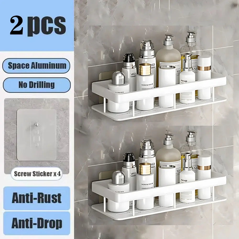 Wall-Mounted Aluminum Bathroom Shelf for Shampoo & Toiletries – No Drill Corner Rack for Showers & Kitchens