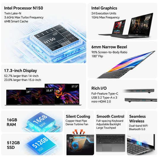 Teclast F17 Plus Laptop - 17.3" Full HD, 16GB RAM, 512GB SSD, Intel N150, Windows 11 Pro, 180° Flip, Mini-HDMI, USB 3.2