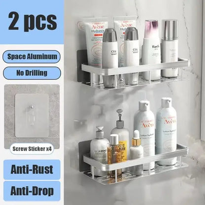Wall-Mounted Aluminum Bathroom Shelf for Shampoo & Toiletries – No Drill Corner Rack for Showers & Kitchens