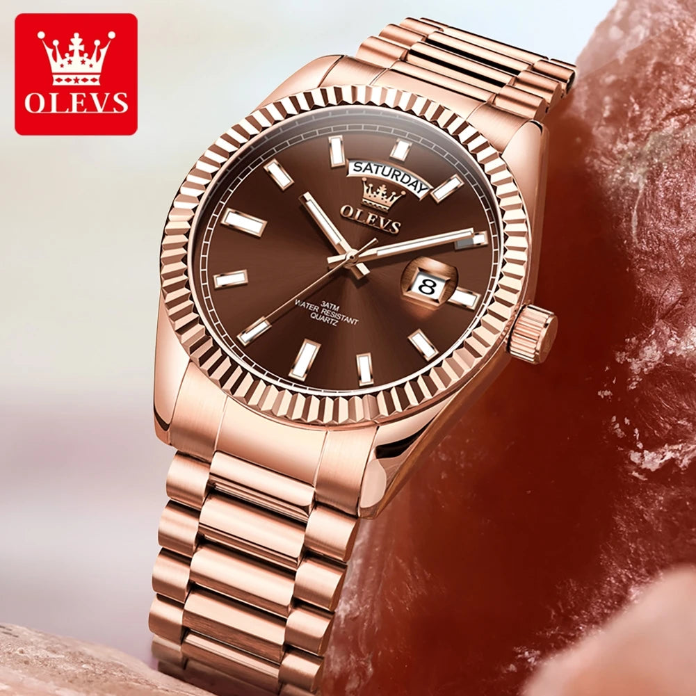 OLEVS Men's Waterproof Rose Gold Stainless Steel Watch with Day-Date Quartz Movement
