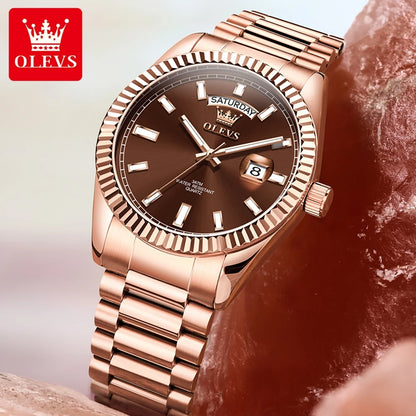 OLEVS Men's Waterproof Rose Gold Stainless Steel Watch with Day-Date Quartz Movement