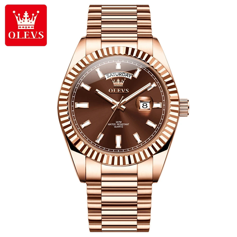 OLEVS Men's Waterproof Rose Gold Stainless Steel Watch with Day-Date Quartz Movement