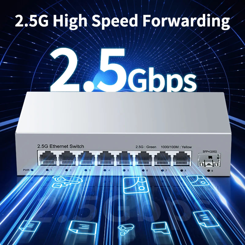 HORACO 8-Port 2.5GbE Ethernet Switch for Homelabs with 10G SFP+ Port - Plug and Play, Fanless Design