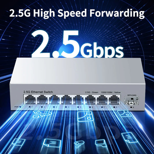 HORACO 8-Port 2.5GbE Ethernet Switch for Homelabs with 10G SFP+ Port - Plug and Play, Fanless Design