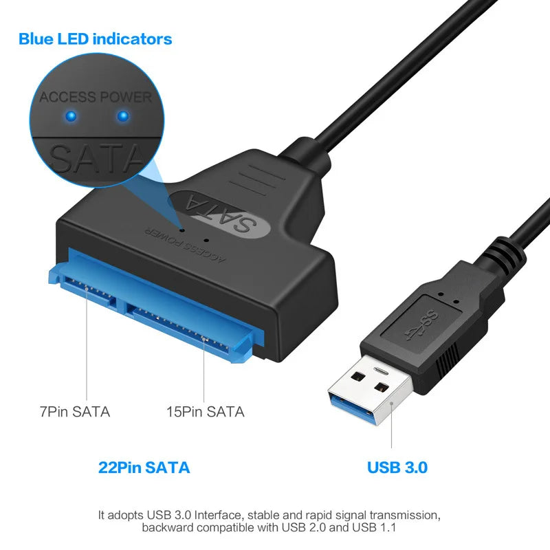 SATA to USB 3.0 Cable for 2.5" External HDD/SSD - 6 Gbps Transfer Speed, 22 Pin Adapter
