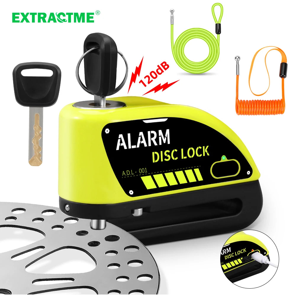 Extractme Motorcycle Alarm Disc Brake Lock - 120dB Anti-Theft Security for Bikes, Scooters & Motorcycles