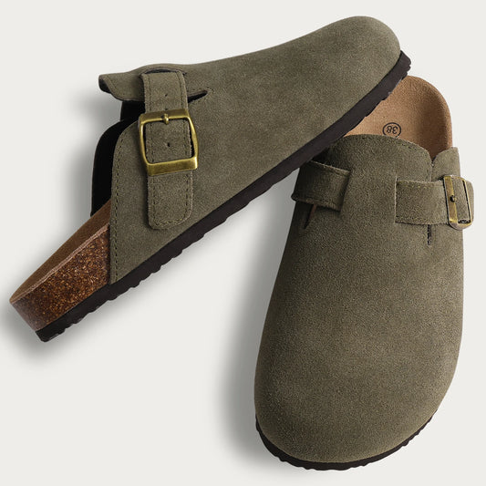 Comwarm Women's Suede Mules Slippers - Arch Support Clogs with Cork Insole for Beach, Outdoor, & Home Use