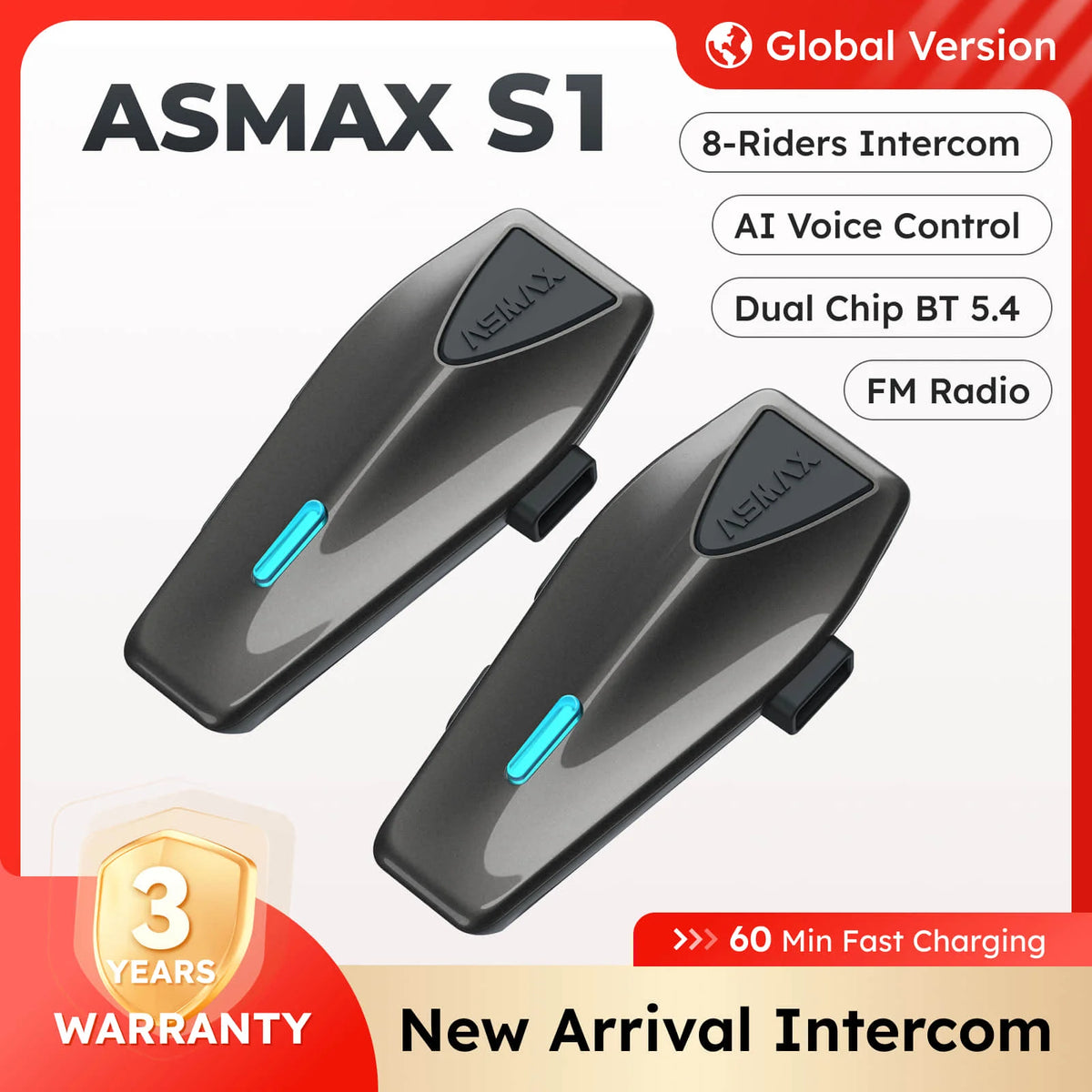 ASMAX S1 Motorcycle Bluetooth Helmet Intercom with Voice Control, FM Radio & ENC for 8 Riders, IPX7 Waterproof