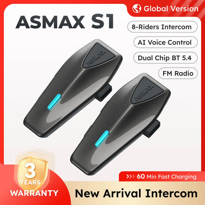 ASMAX S1 Motorcycle Bluetooth Helmet Intercom with Voice Control, FM Radio & ENC for 8 Riders, IPX7 Waterproof
