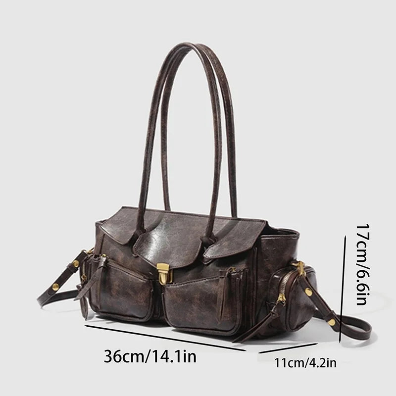Vintage Leather Underarm Bag for Girls - Versatile Multi-Pocket Handbag with Spaghetti Strap for Motorcycle Rides