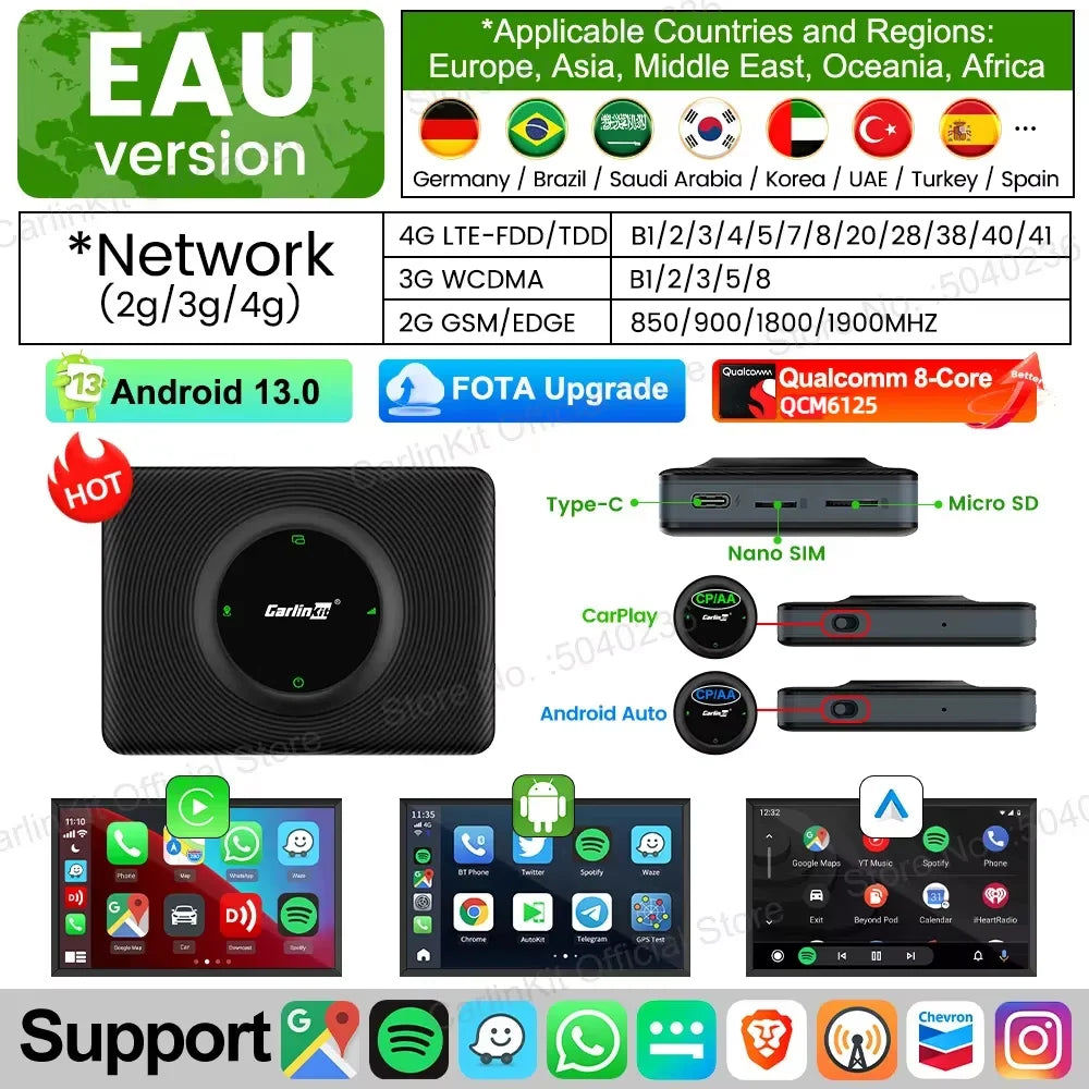 Android 13 CarlinKit AI TV Box for Wireless CarPlay & Android Auto - 8-Core, Split Screen, 64G/128G for Netflix & YouTube