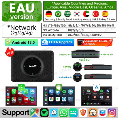 Android 13 CarlinKit AI TV Box for Wireless CarPlay & Android Auto - 8-Core, Split Screen, 64G/128G for Netflix & YouTube