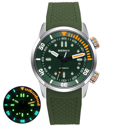 BERNY Men's 20Bar Diver Mechanical Watch - Miyota 8215, Luminous Sapphire, Automatic Silicone Wristwatch for Swimming