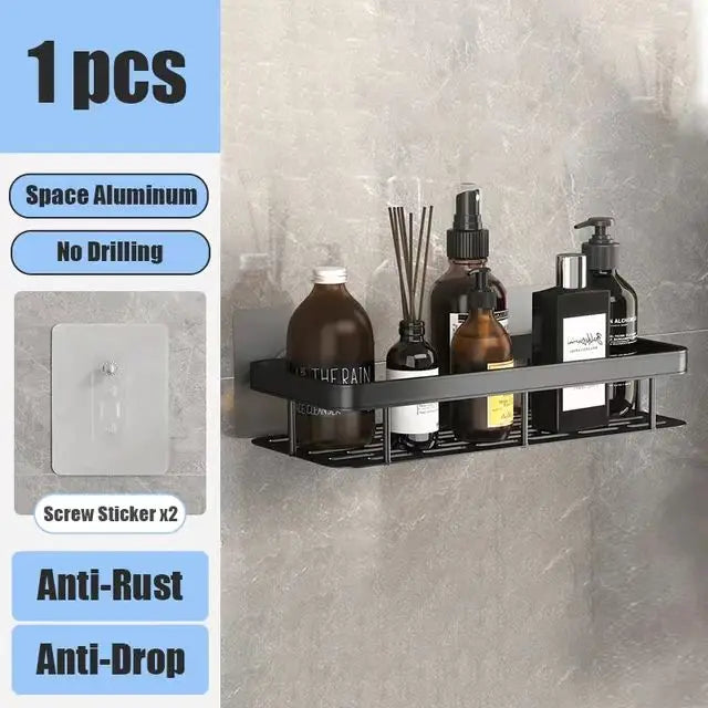 Wall-Mounted Aluminum Bathroom Shelf for Shampoo & Toiletries – No Drill Corner Rack for Showers & Kitchens